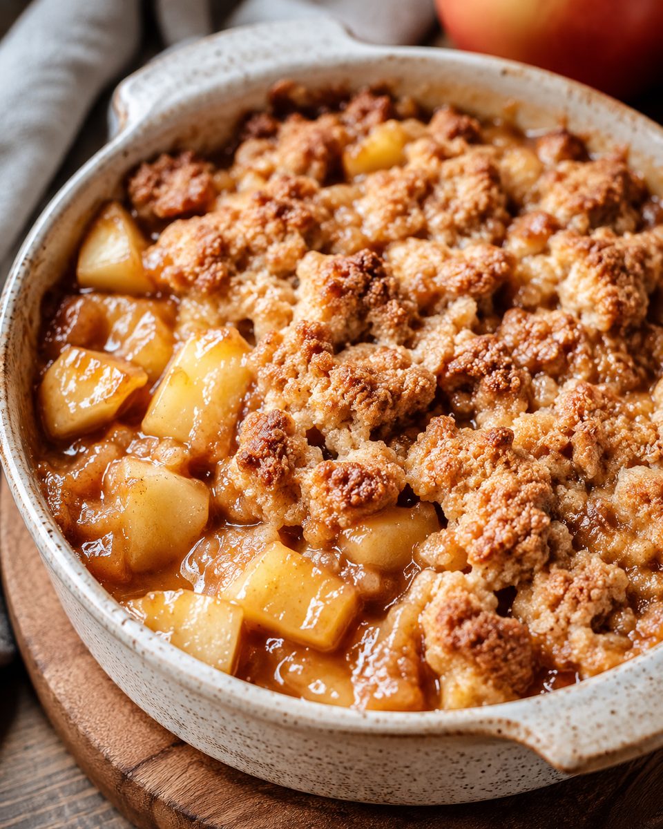 A golden apple crisp with buttery oat crumble topping