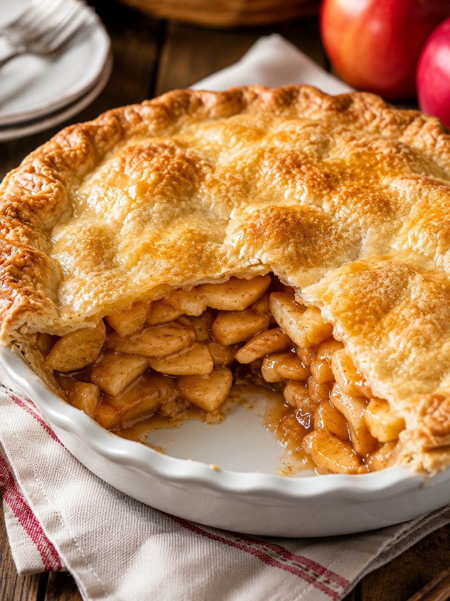 A golden old-fashioned apple pie with a flaky crust, cut open to show the spiced apple filling