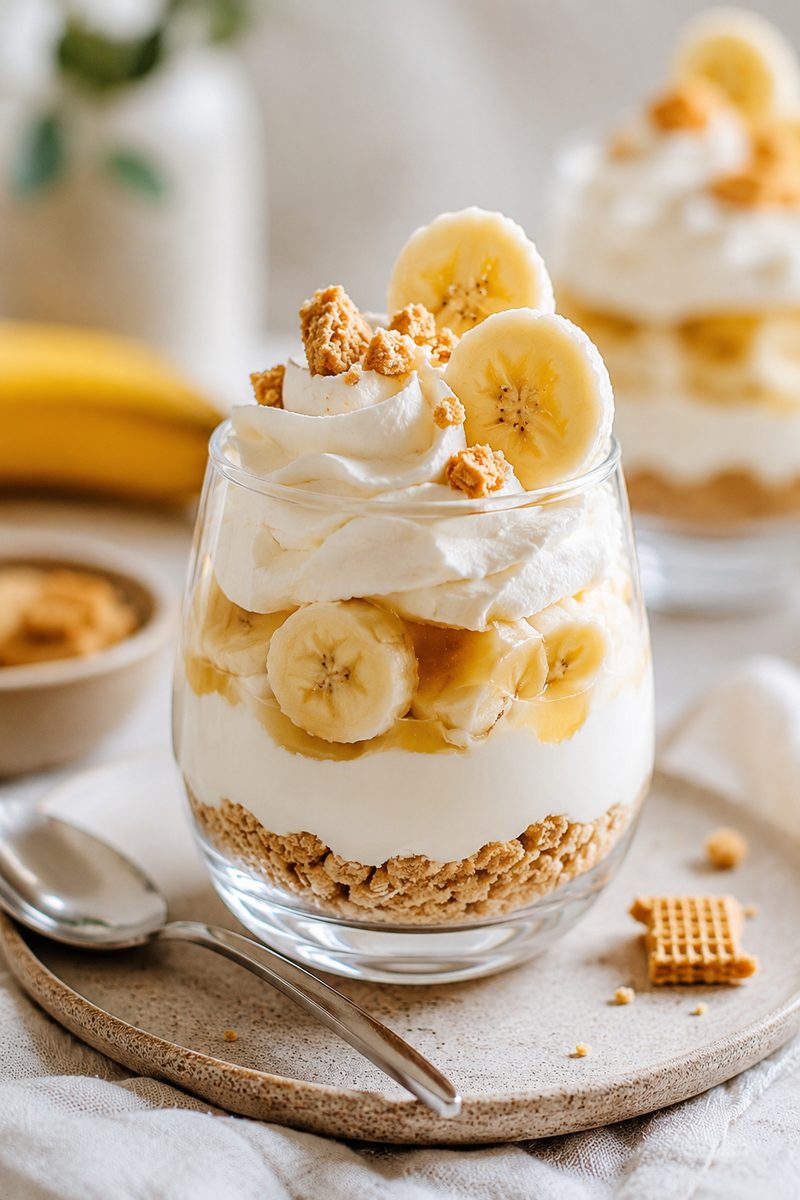 Old-fashioned banana pudding layered with vanilla wafers, sliced banana and cream
