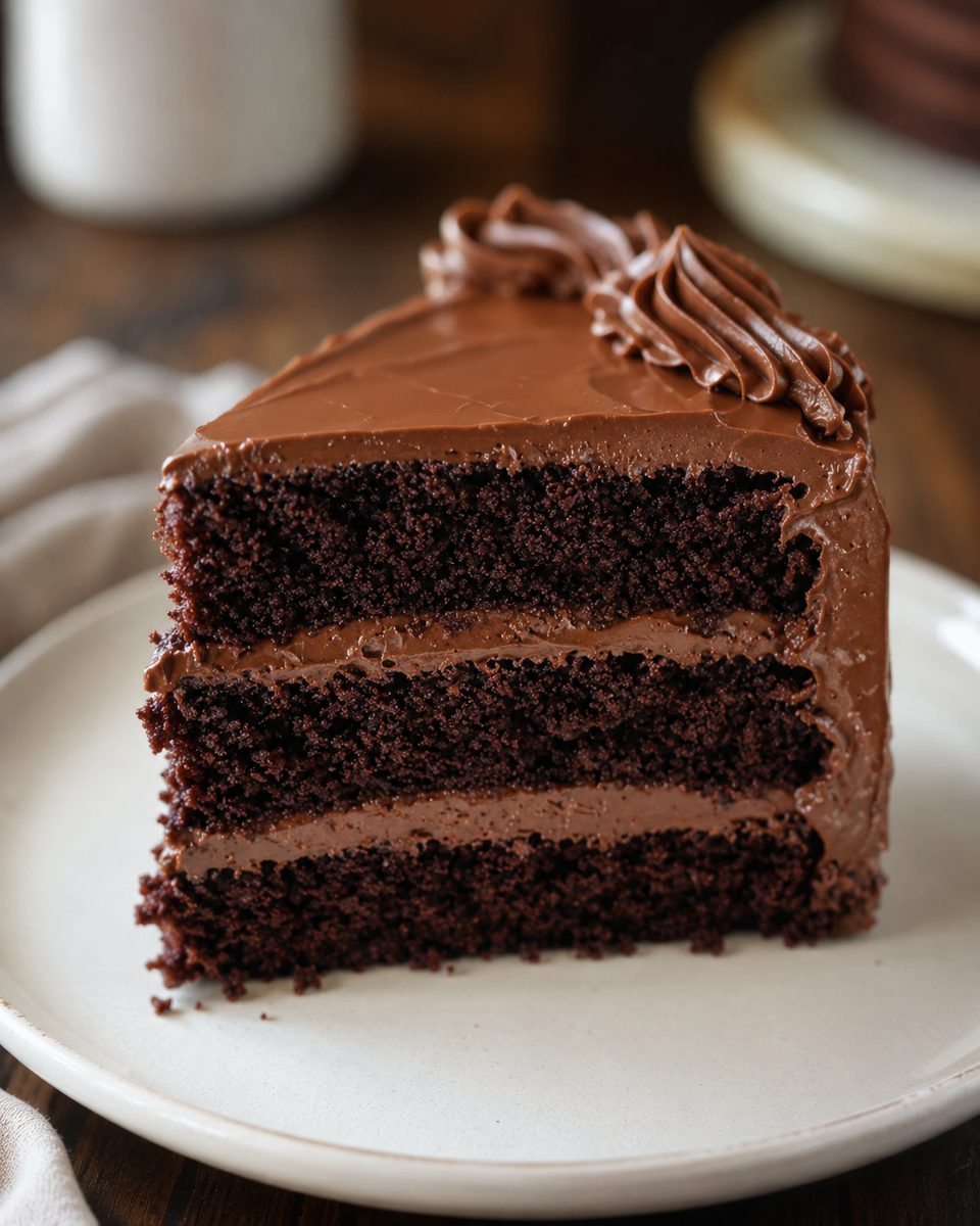 A tall slice of old-fashioned three-layer chocolate cake with glossy fudge frosting