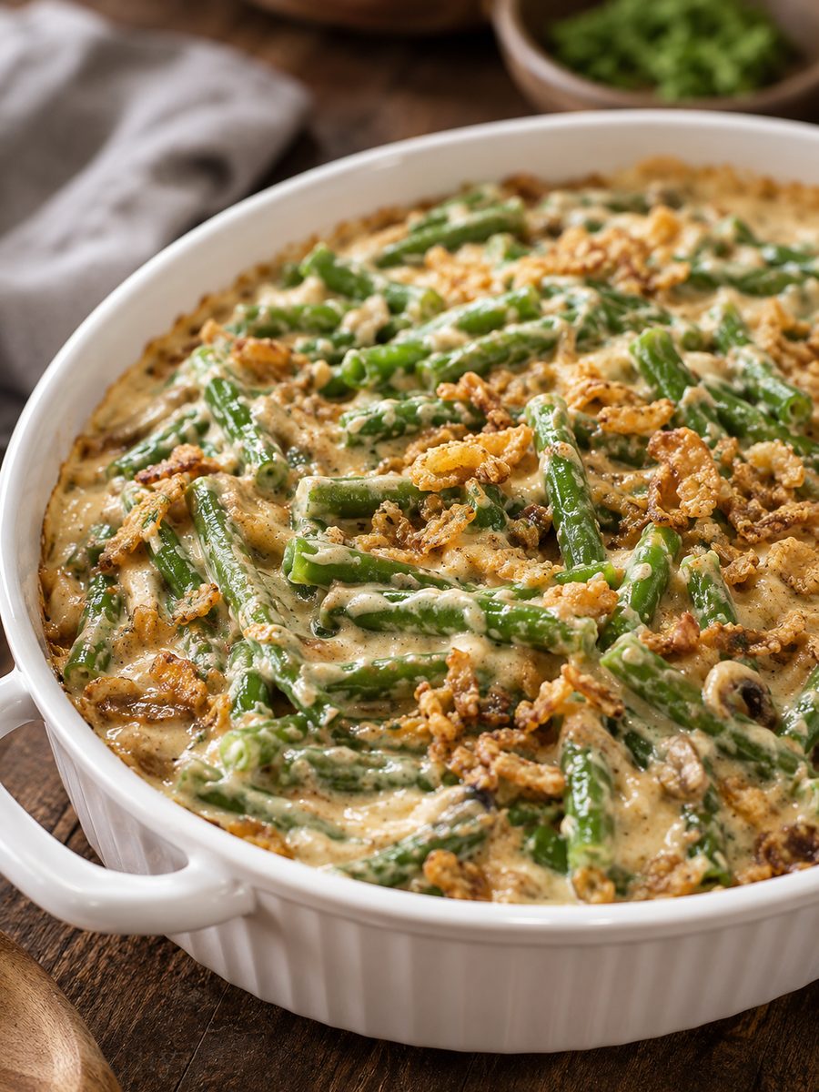 Green bean casserole topped with crispy fried onions