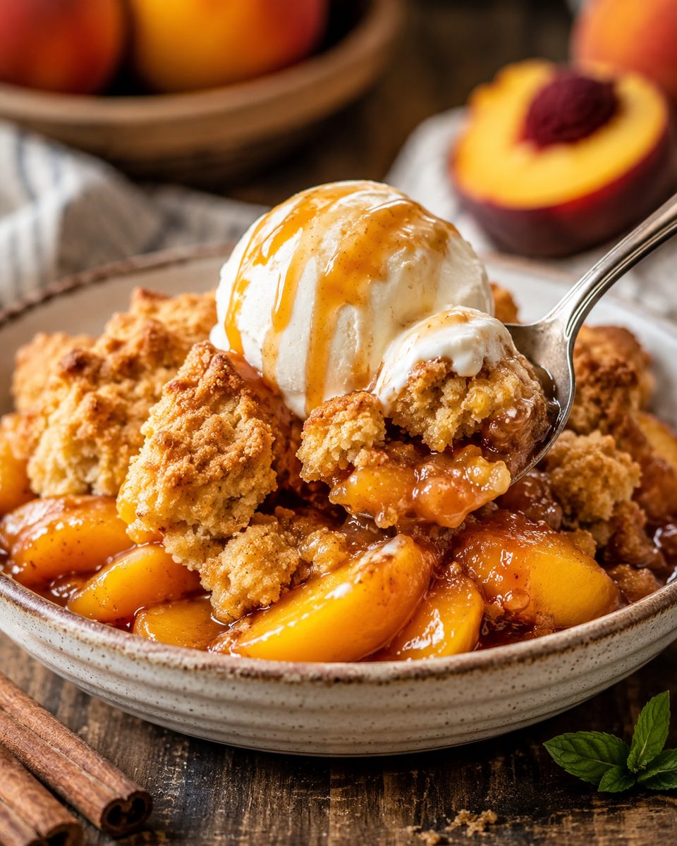 Old-fashioned peach cobbler with a golden topping and bubbling spiced peaches, served with vanilla ice cream